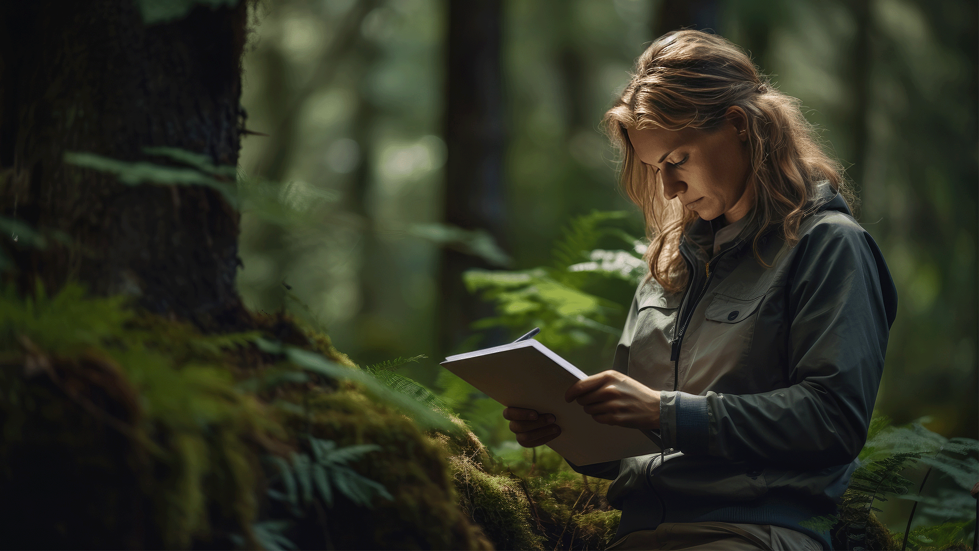 woman in the nature checking the tablet