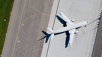 commercial jet from above, near runway